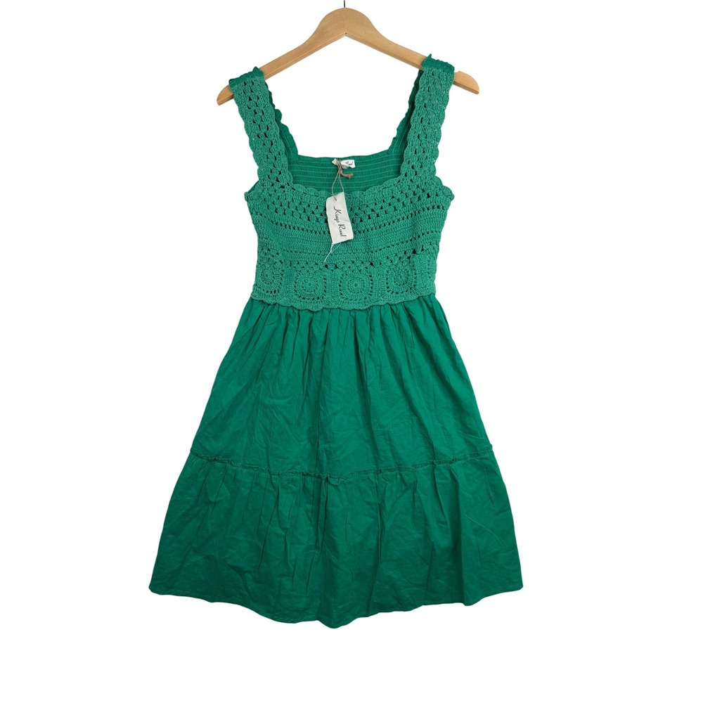 NWT Kings Road Crochet Smocked Tiered Boho Cottagecore Dress size Medium Green
